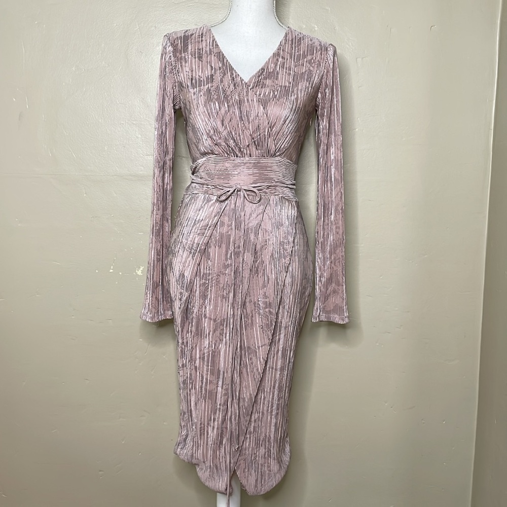 RACHEL Special Occasion Dress Pink & Silver Fine Ribbing Fitted Surplice Neck Sm